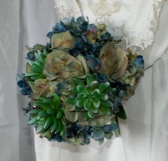 Bluesy Green Silk Succulent and Rose Bride or Bridesmaid Wedding Bouquet