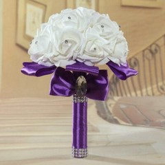 Bride Bouquet Artificial Flowers Wedding Bridal Holding White Ribbon Rhinestones