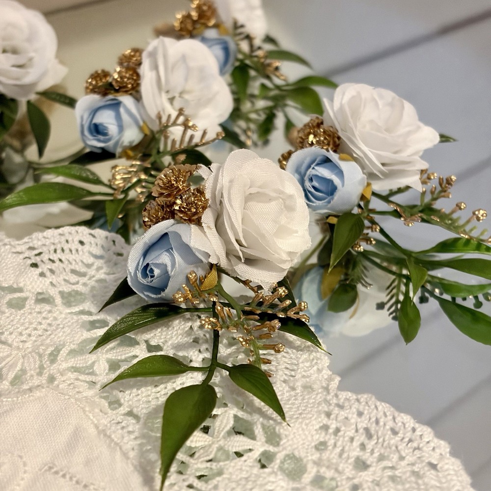 Lot Of 6 Light Blue/White Mini Boutonnieres For Men/Grooms Artificial Flowers