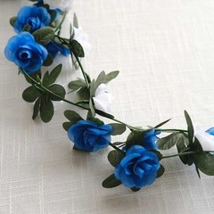 2 WHITE ROYAL BLUE 8 ft long Silk Mini Rose Wedding Garland Leaves Bendable