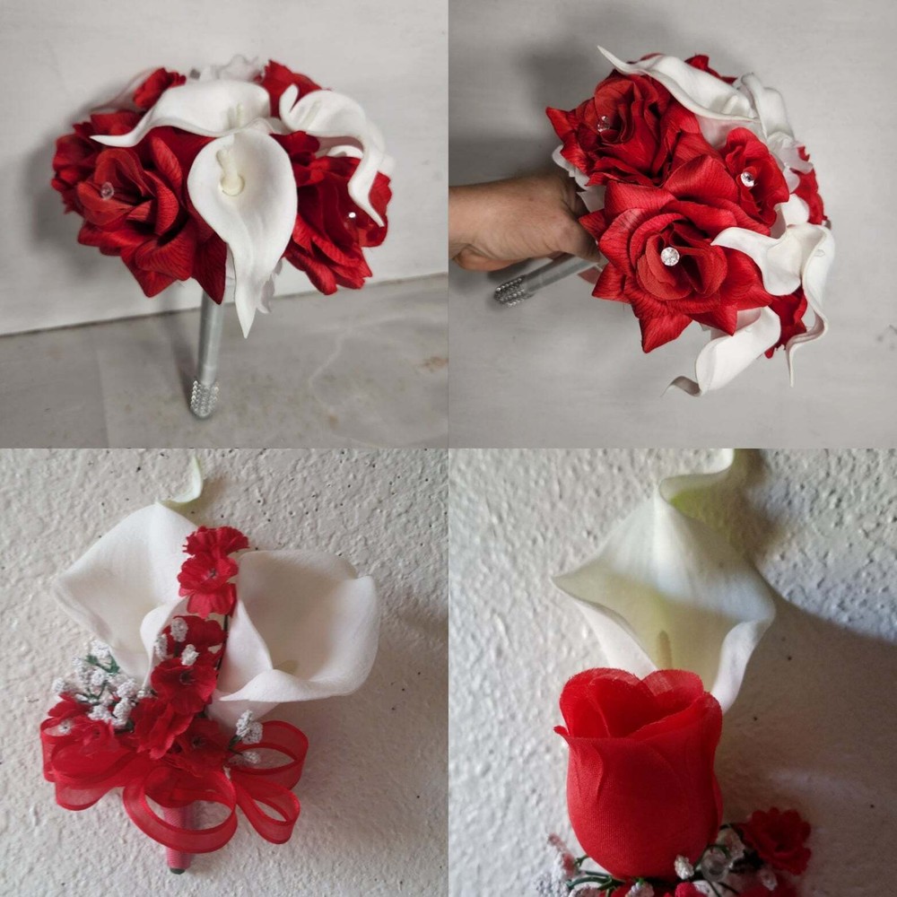 Red White Rose Calla Lily Bridal Wedding Bouquet Accessories