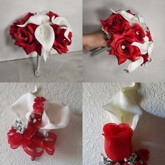 Red White Rose Calla Lily Bridal Wedding Bouquet Accessories
