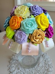 Handmade bouquet of artificial ribbon roses. Each flower is handmade.