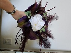 Bridal Bouquet Purple Cala Lilies and Feathers and White FlowersWhite