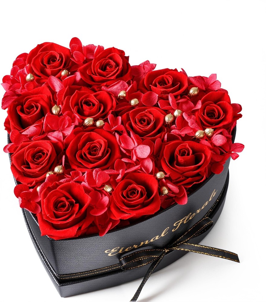 HyeFlora 12 Pcs 12 Preserved Roses + Red Drangea + Golden Ball, Classic