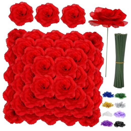 Rose Head Flowers with Stem – 108pcs Red Roses Artificial Flowers Red Color