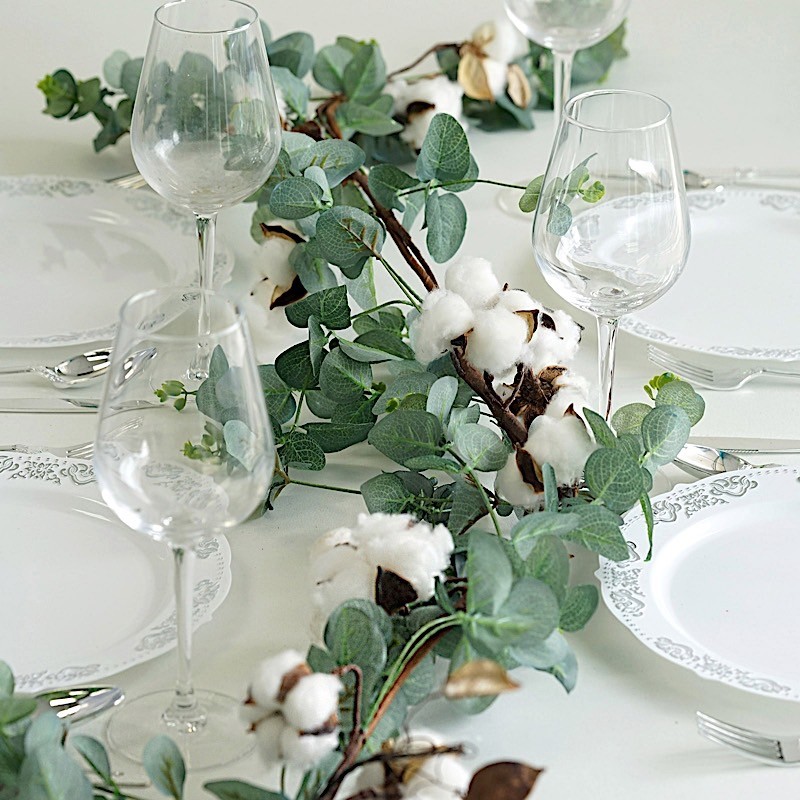 5 ft long Green White Artificial Cotton Balls with Eucalyptus Foliage Garlands