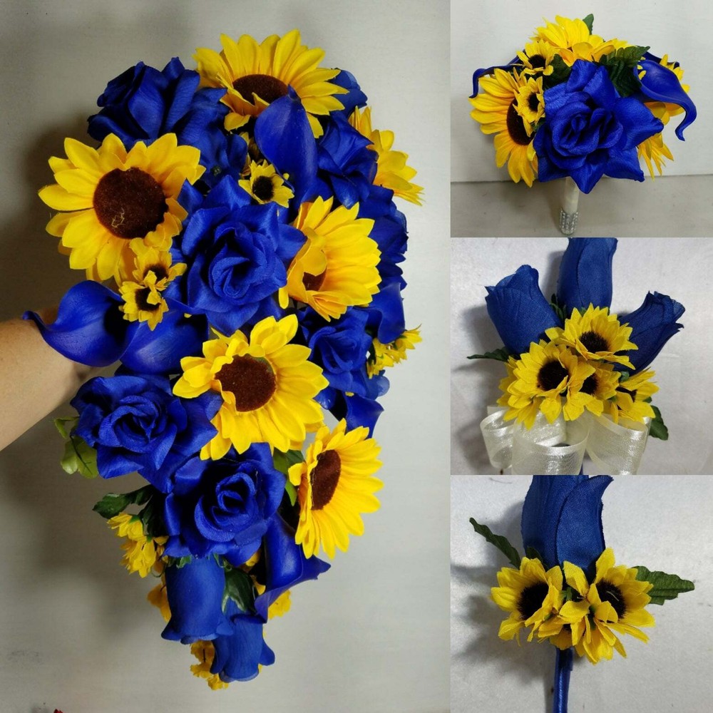 Royal Blue Rose Cala Lily Sunflower Bridal Wedding Bouquet Accessories