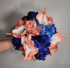 Coral Royal Blue Rose Calla Lily Bridal Wedding Bouquet Accessories