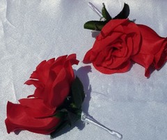 13 Pc. Wedding Bouquet Package, Red Roses, White Ribbon, Red Wedding Bouquet Set
