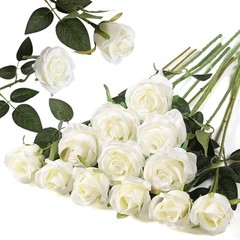 12PCS Artificial Silk Flowers Realistic Roses Bouquet 6 Flowers 6 Buds White