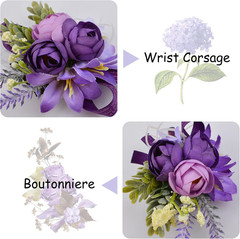 Wrist Corsage and Boutonniere Set, 1 Set Small Rose Purple Hand Flower for Prom
