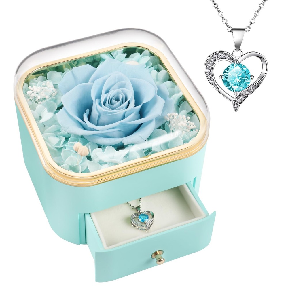 Beferr Gifts for Mom Preserved Real Rose with Necklace Eternal Light Blue