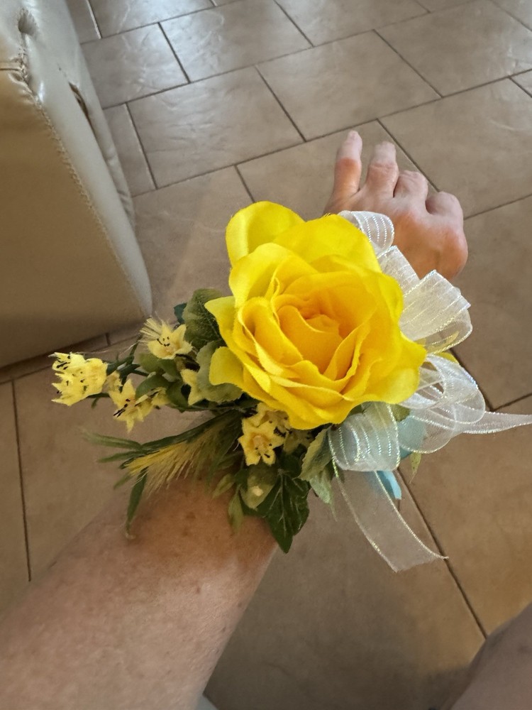 Prom Wrist Corsage & Bout Yellow Rose & Fillers, White Bow. Perfect For Prom.