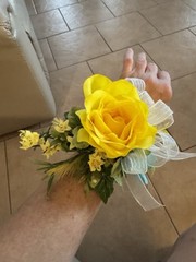 Prom Wrist Corsage & Bout Yellow Rose & Fillers, White Bow. Perfect For Prom.