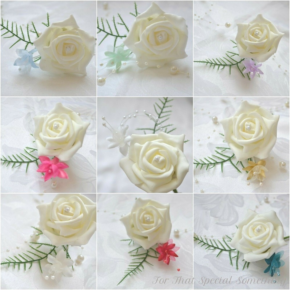 Wedding rose buttonhole. Ladies corsage. 1 babies breath with loop and pearl pin