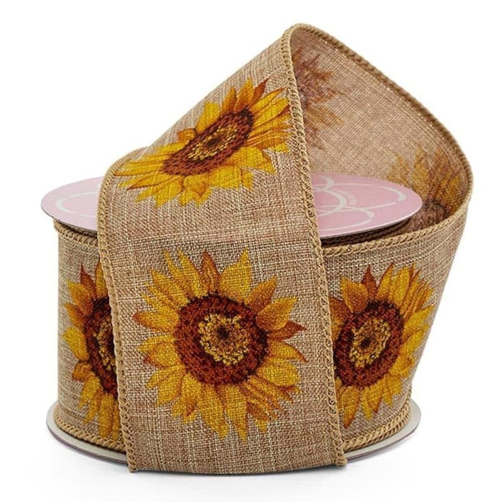 2 1/2″ X 10 Yards Sunflowers On Natural Linen Ribbon