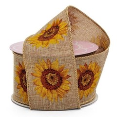 2 1/2″ X 10 Yards Sunflowers On Natural Linen Ribbon