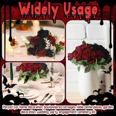 36 Pcs Silk Black Red Rose Bouquet Bridal Artificial Flowers,Fake Black, Red