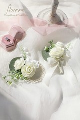 Ivory Rose Wrist Corsage Bracelet Wristlet Band and Men Boutonniere Set for Whit