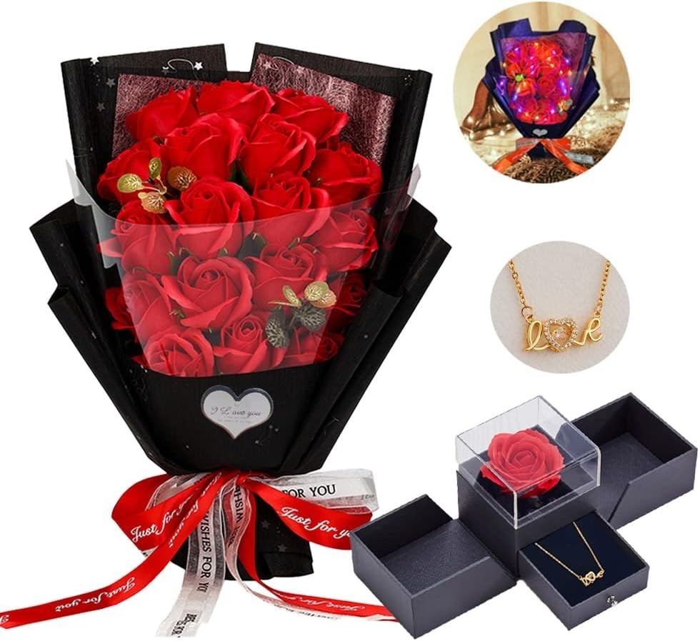 Preserved Red Rose Flowers with Love Necklace Gifts for Women Mom Birthday Prom