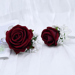 2Pcs Burgundy Rose Corsage and Boutonniere Set, Artificial Wrist Corsage Wristle
