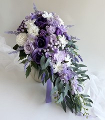 Cascading Wedding Bouquet Purple Lavender Lilac White Flower Bouquets Faux Silk