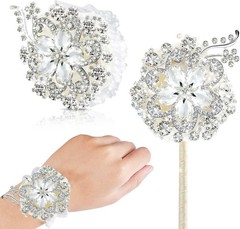 2 Pcs Rhinestone Wrist Corsage and Boutonniere Set – Artificial Flower Corsag…