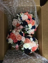 12 PC Blue,Coral,Ivory, Light Rose Wedding Bouquet Set Lace And Bling