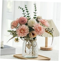 Fake Flowers with Vase,Faux Flowers in Vase for Home Decor,Silk Pink Dahlia 1