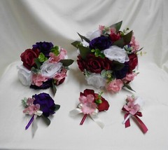 Wedding Silk Flower Bridal Bouquets Package White Purple Burgundy Dusty Rose