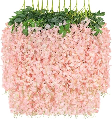 48 Pack Artificial Wisteria Hanging Flowers Fake Wisteria 48Pcs Light Pink