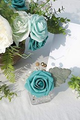 Artificial Flowers 50pcs Real Looking Foam Fake Roses with 50Pcs Teal Green
