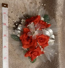 NEW 6″ Artificial Red Rose Wrist Corsage Pearls, Butterfly Silver Bow Red Bout