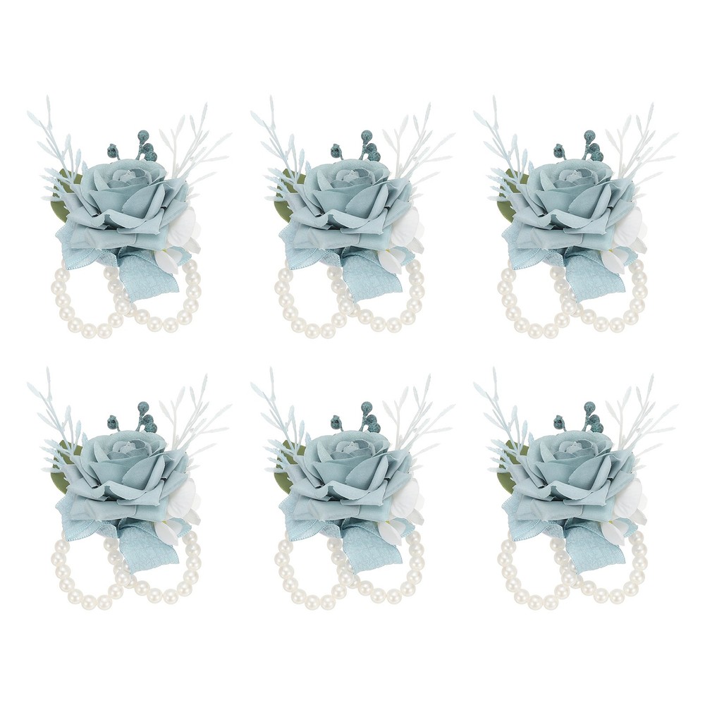 6 Pcs Homecoming Wedding Wrist Corsage Prom Party Artificial Flower Light Blue