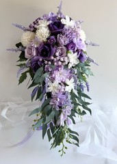 Cascading Wedding Bouquet Purple Lavender Lilac White Flower Bouquets Faux Silk