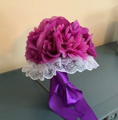 Magenta purple Gerber daisy and roses bridal bouquet