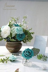 Artificial Flowers 50pcs Real Looking Foam Fake Roses with 50Pcs Teal Green