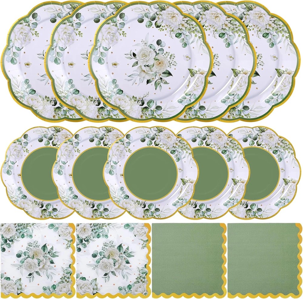 150 Pcs Sage Green Bridal Shower Decorations,Floral Paper Plates and Napkins Set