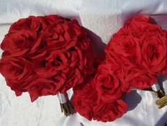 13 Pc. Wedding Bouquet Package, Red Roses, White Ribbon, Red Wedding Bouquet Set