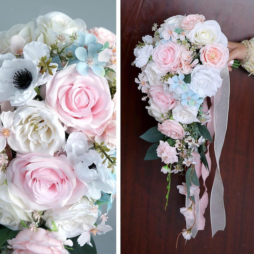 Wedding Bouquet Silk Flowers Waterfall Shape Silk Roses Water Drop Home