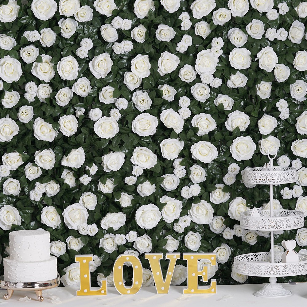 GREEN WHITE 24″ x 18″ Rose Silk Flowers Wall Backdrop Panel Wedding Decorations