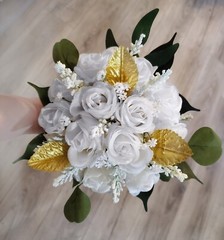 White Bridal bouquet Wedding Bridesmaid Flowers Silk Rose Eucalyptus Faux Floral