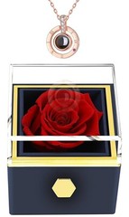 Preserved Real Red Rose Flower with I Love You Silver Necklace Projection Stone