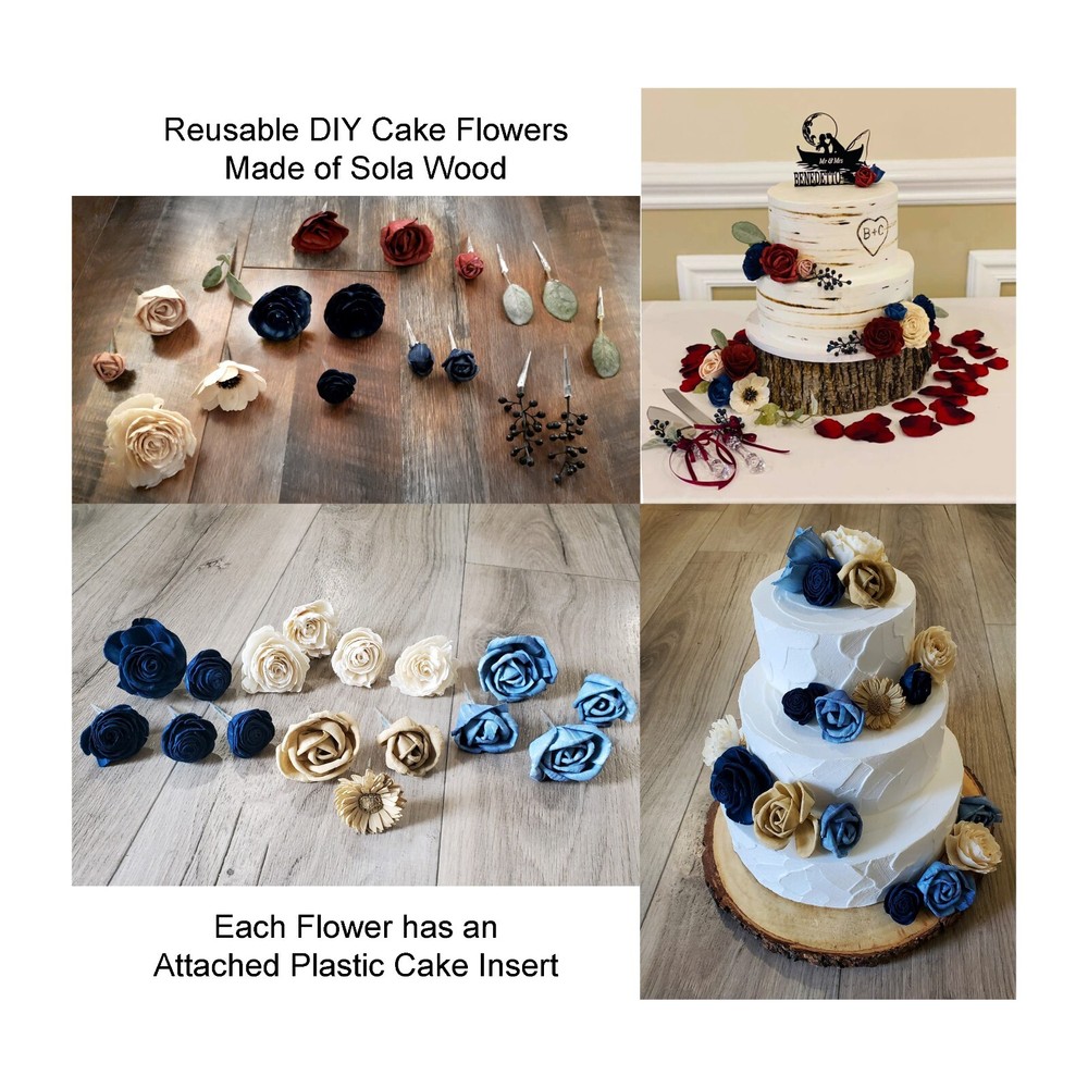 DIY Reusable Wooden Cake Flowers Blue Burgundy Pink Yellow Sola Wood Wedding