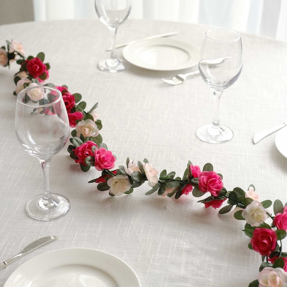 2 BLUSH FUCHSIA 8 ft long Silk Mini Rose Wedding Garland Leaves Bendable Wire