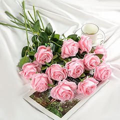 12PCS Artificial Silk Flowers Realistic Roses Bouquet Long 12Pcs Flowers Pink