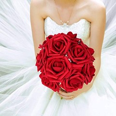 Artificial Flowers Rose Real Looking Fake Roses w/Stem for DIY 50pcs Dark Red