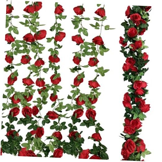 4Pcs (30 FT) Rose Vine – Lifelike Artificial Flower Garland, Silk Rose Red