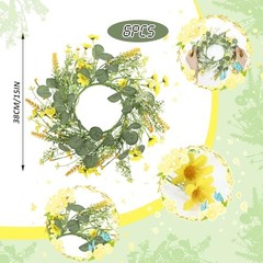 6 Pcs Spring Daisy Candle Rings Wreaths for Kitchen Cabinet Artificial Yellow